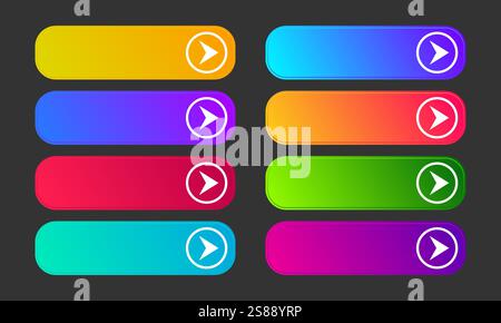 Colorful gradient buttons with arrows. Set of eight modern abstract web buttons. Vector illustration Stock Vector