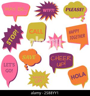 Set of speech bubbles on a white background with different inscriptions in the middle. Speech bubbles with short phrases. Vector illustration. Stock Vector
