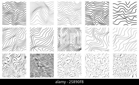 Abstract Halftone Black and White Wavy Lines Textured Square Backgrounds or Posters Set with 3D Illusion and Twisting Movement Effect. Op Art Style. S Stock Vector