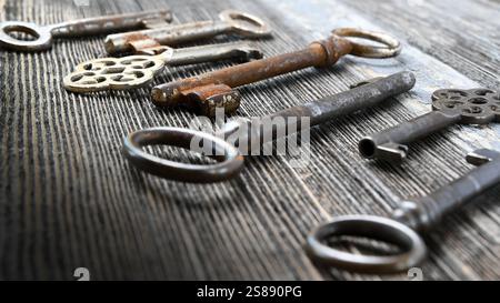 Many old antiquity or history keys on an old wooden door. Stock Photo