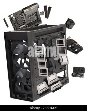 Main components of computer. Big case, motherboard, CPU, memory, cooler, SSD, graphics card, power supply unit, four HDDs, five  SATA SSDs. Stock Photo