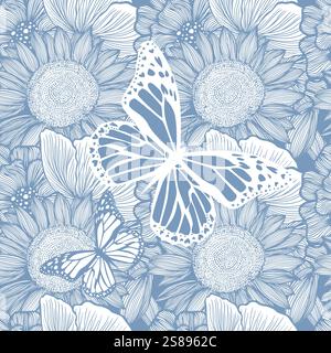 Seamless background blue flowers with a butterfly. hand drawing. Not AI, Vector illustration Stock Vector