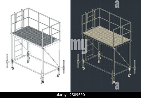 Stylized vector illustrations of mobile maintenance platform isometric blueprints Stock Vector