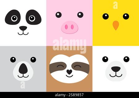 Vector set bundle of flat cartoon different animals faces isolated on white background Stock Vector