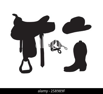 Vector set bundle of black doodle sketch western cowboy equipment silhouette isolated on white background. Saddle, boots, hat illustration Stock Vector