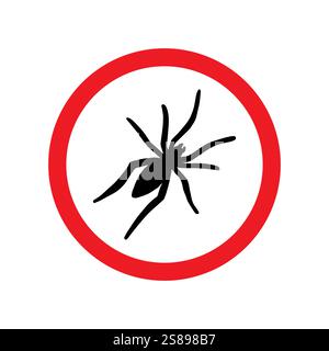 Vector no spider sign isolated on white background. Black silhouette in red circle Stock Vector