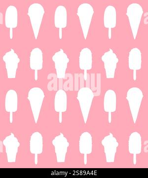 Vector seamless pattern of white sketch different ice cream silhouette isolated on pink background Stock Vector
