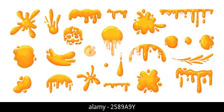 Cartoon honey splashes. Sweet syrup dripping spots, melting liquid honey spots flat vector illustration set. Sticky honey drops on white background Stock Vector