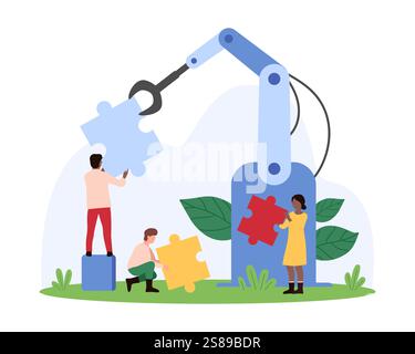 Solving business problems with help of AI tools, human and machine cooperation, office innovation. Tiny people and robotic hand holding pieces of colorful puzzles together cartoon vector illustration Stock Vector