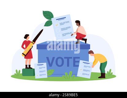 Voting in official elections or referendum, democracy. Tiny people with pen choose and elect political candidate, vote and insert paper form into hole in ballot box cartoon vector illustration Stock Vector