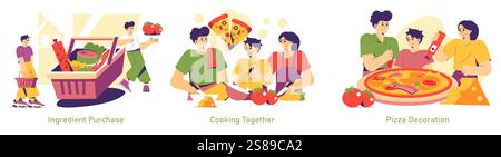 National Pizza Day celebration through food preparation. Families buying ingredients, cooking together, and decorating delicious pizzas. Emphasizing joy, creativity, and togetherness in the kitchen. Vector illustration. Stock Vector
