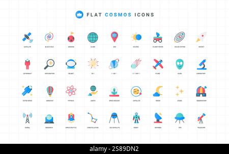 Space and galaxy exploration, rockets flight to planet and stars, aerospace and astronomy color icon set. Satellite and astronaut, spaceship and observatory station flat elements vector illustration Stock Vector