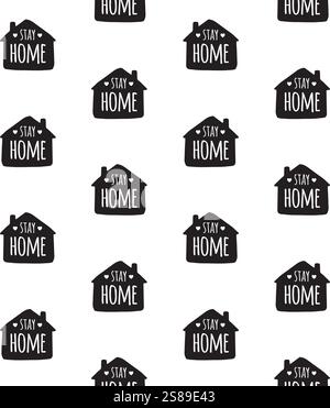 Vector seamless pattern of hand drawn doodle sketch house silhouette with stay home lettering isolated on white background Stock Vector