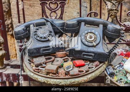 Cairo, Egypt. Antique telephones at a shop on El Moez street in Old ...