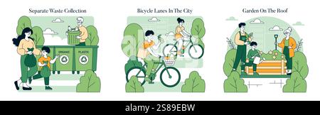 Eco Life set. Promotion of sustainable living practices in urban environments. Highlights separate waste collection, bicycle lanes for greener transportation, and rooftop gardens. Encourages community involvement and environmental awareness. Vector illustration. Stock Vector