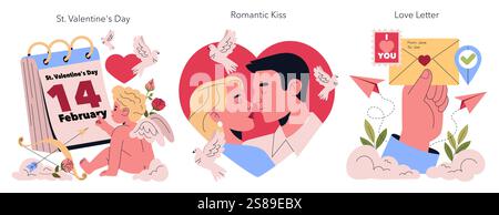 St. Valentines Day celebration set. Features a calendar marking February 14, a romantic kiss between a couple, and a love letter in hand. Represents love, affection, and heartfelt expressions. Vector illustration. Stock Vector