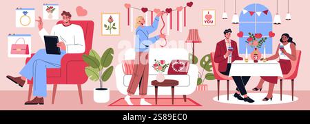 Valentine's Day celebration scene. Couples prepare for romantic activities with decorations and gifts. Embraces love and connection through shared moments. Ideal for showcasing the joy of romance and thoughtful gestures. Vector illustration. Stock Vector