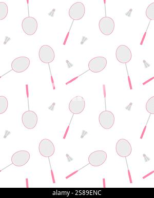 Vector seamless pattern of flat cartoon pink badminton shuttlecock and racket isolated on white background Stock Vector