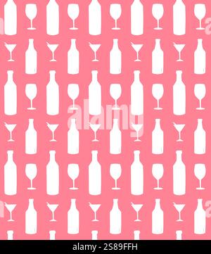 Vector seamless pattern of white sketch doodle wine beer alcohol bottle and glass isolated on pink background Stock Vector