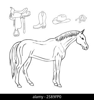 Vector hand drawn doodle sketch horse and riding equestrian cowboy western equipment set isolated on white background Stock Vector