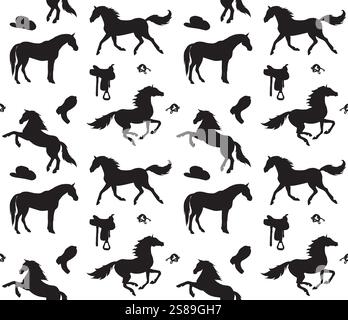 Vector seamless pattern of black horses and cowboy western equipment silhouette isolated on white background Stock Vector