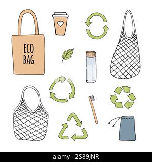 Vector set bundle of hand drawn doodle sketch colored eco zero waste products isolated on white background Stock Vector