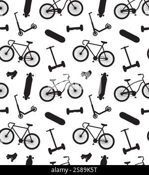Vector seamless pattern of black bicycle skateboard roller scooter and summer activities sport silhouette isolated on white background Stock Vector