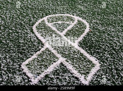 A large white ribbon is outlined in snow on grassy ground, symbolizing support for a cause during wintertime. Stock Photo