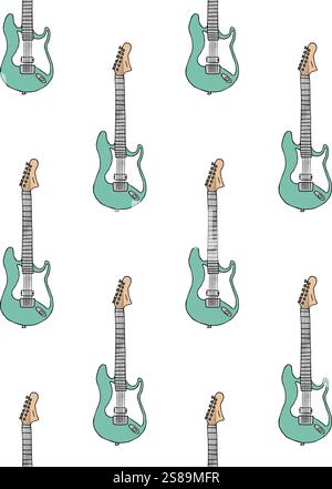 Vector seamless pattern of mint colored hand drawn doodle sketch electronic guitar isolated on white background Stock Vector
