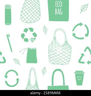 Vector seamless pattern of green hand drawn doodle sketch eco zero waste products isolated on white background Stock Vector
