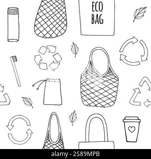 Vector seamless pattern of hand drawn doodle sketch eco zero waste products isolated on white background Stock Vector