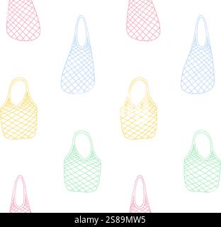 Vector seamless pattern of colored hand drawn doodle sketch Shopping reusable grocery cloth string mesh cotton eco bag isolated on white background Stock Vector