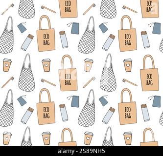 Vector seamless pattern of different colored hand drawn doodle sketch eco friendly zero waste shopping bags and accessories isolated on white backgrou Stock Vector