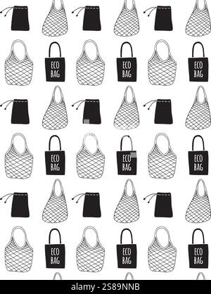 Vector seamless pattern of hand drawn doodle sketch Shopping reusable grocery cloth string mesh cotton eco bag isolated on white background Stock Vector