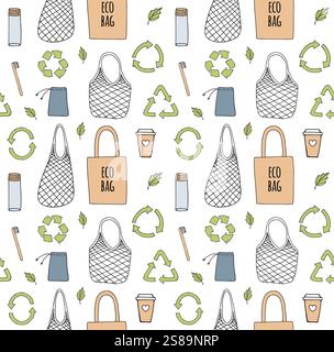 Vector seamless pattern of hand drawn doodle sketch colored eco zero waste products isolated on white background Stock Vector