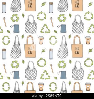 Vector seamless pattern of hand drawn doodle sketch colored eco zero waste products isolated on white background Stock Vector