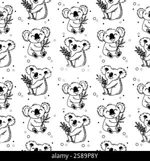 Doodle seamless pattern with cute koalas and eucalyptus. Hand drawn vector design. Stock Vector
