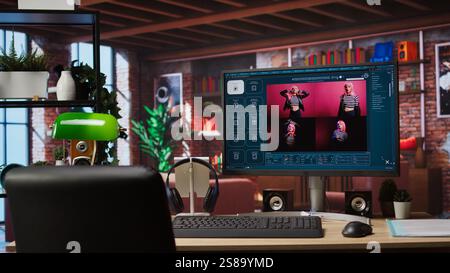 Computer in home office uses artificial intelligence generating images from basic text prompts. AI GPT generating photographs using computer vision and natural language processing, jib up shot Stock Photo