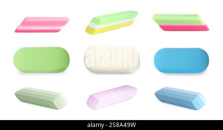 Many different erasers isolated on white, set Stock Photo
