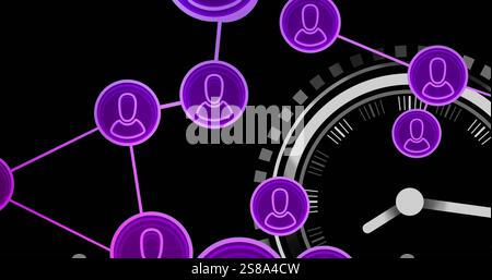 Image of purple network of people icons over scanner with clock hands on black background Stock Photo