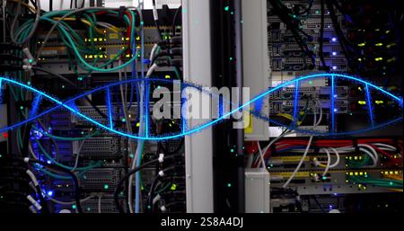 Image of dna strand and spots over server room Stock Photo