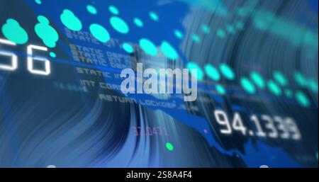 Image of data stream processing over blue world map and swirling background Stock Photo