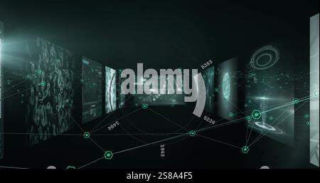 Image of network of connections with scope scanning over digital screens Stock Photo