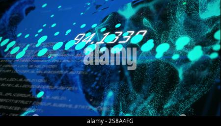 Image of data stream processing over blue world map and network waves on black background Stock Photo