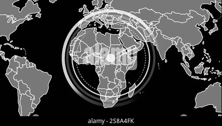 Image of circular clock scanner processing over grey world map on black background Stock Photo