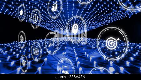 Image of data and communication icons processing over network of blue lights Stock Photo