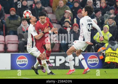 Anfield, Liverpool, Merseyside, UK. 21st Jan, 2025. Champions League Football, Liverpool versus Lille; Benjamin Andre of Lille and Ayyoub Bouaddi of Lille close in on Wataru Endo of Liverpool Credit: Action Plus Sports/Alamy Live News Stock Photo