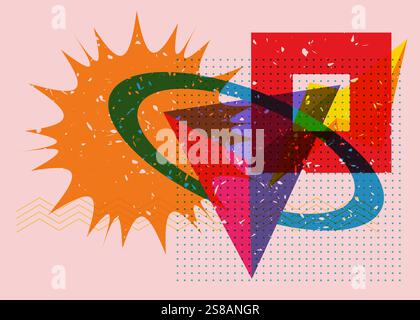 Colorful geometric shapes. Object in trendy riso graph design. Geometry elements abstract risograph print texture style. Stock Vector