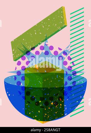 Colorful geometric shapes. Object in trendy riso graph design. Geometry elements abstract risograph print texture style. Stock Vector