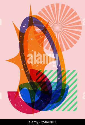 Colorful geometric shapes. Object in trendy riso graph design. Geometry elements abstract risograph print texture style. Stock Vector